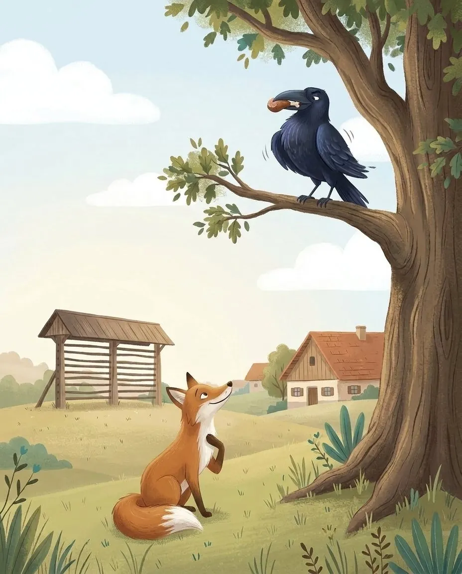Κάτω από το δέντρο η αλεπού παινεύει γλυκά το κοράκι, που φουσκώνει από περηφάνια